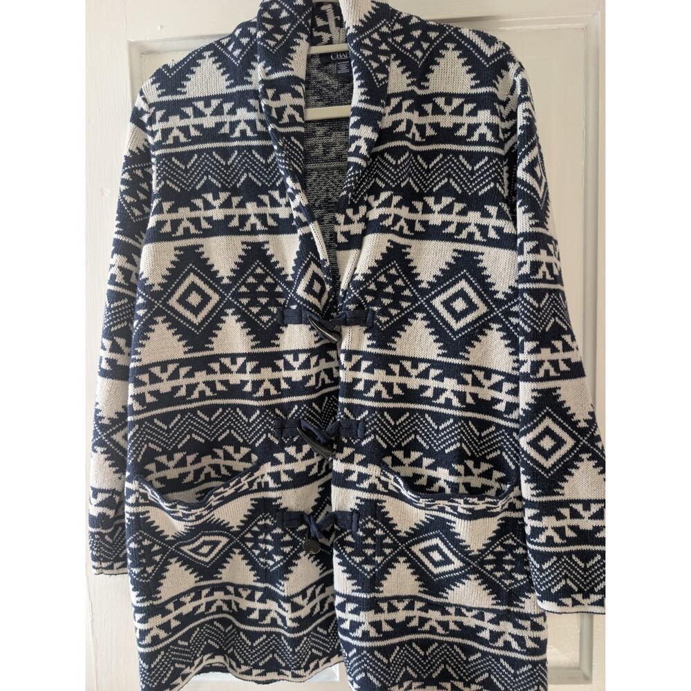 Chaps Navy Blue Ivory Southwest Shawl Collar Cardigan Sweater Toggle Size XXL(C)